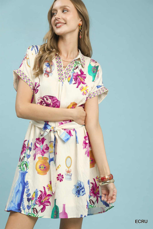 ECRU Margot Floral Print Mini Dress with Belt