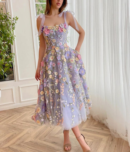 Violet A-Line Tea Length Dress with 3D Florals