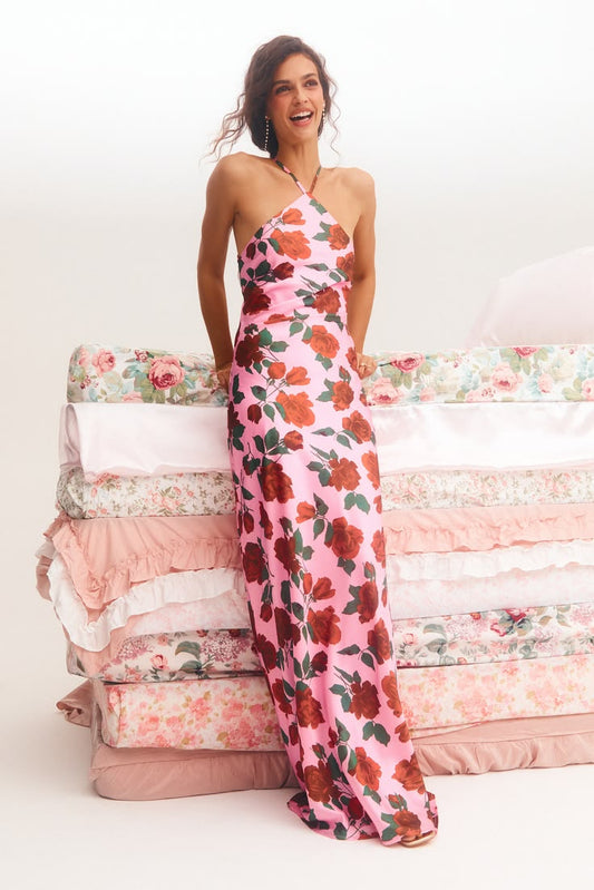 Malito Pink Rose Print Satin Lace-Up Maxi Dress