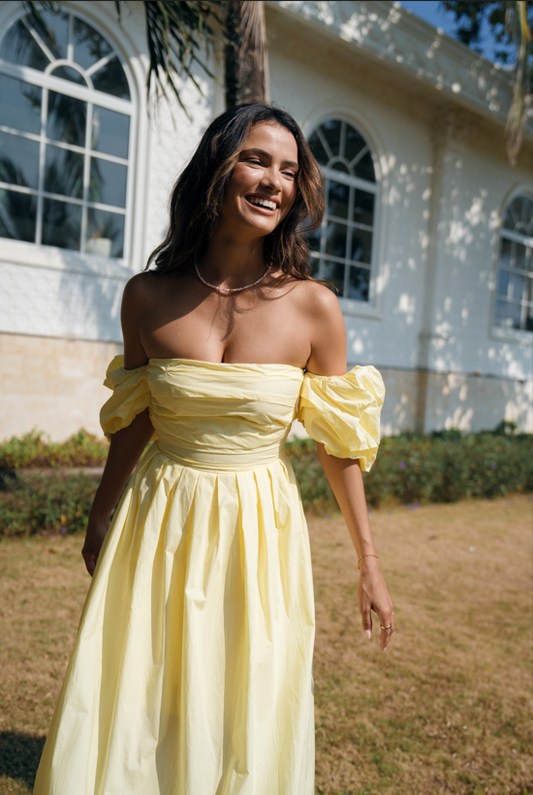 Chocolate Dahlia Off-Shoulder Puff Sleeve Midi Dress