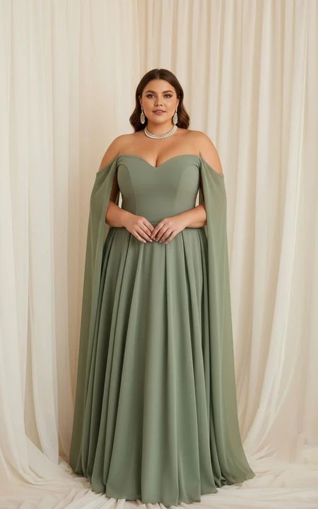 Plus Size Sage Green Off-the-Shoulder Cape Sleeve A-line Evening Dress