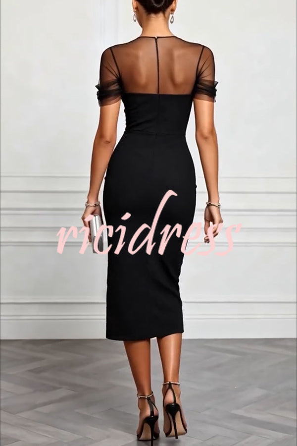 Black Emilie Mesh Sleeve Patchwork Sweetheart Neck Stretch Midi Dress