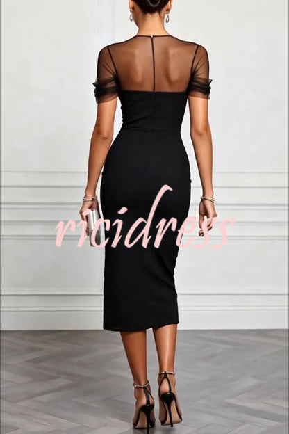 Black Emilie Mesh Sleeve Patchwork Sweetheart Neck Stretch Midi Dress