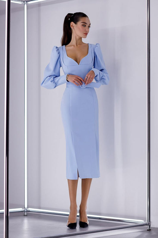 Sky-Blue Puff-Sleeve Belted Midi Dress