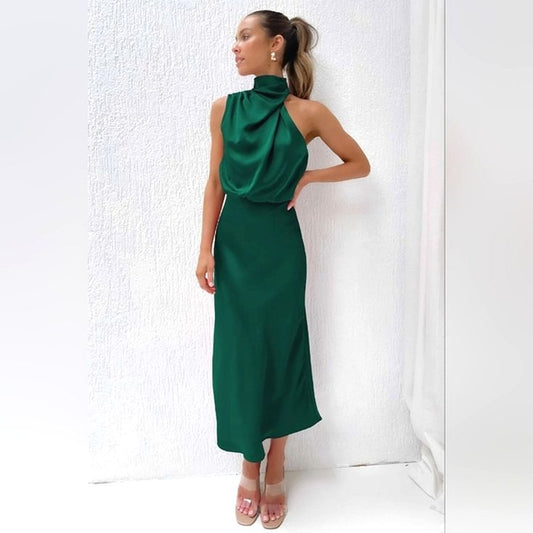 Vivienne Draped Wrap Halter Satin Midi Dress in Emerald