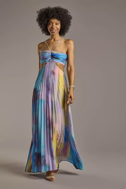 Arabella Watercolor Pleated A-Line Dress