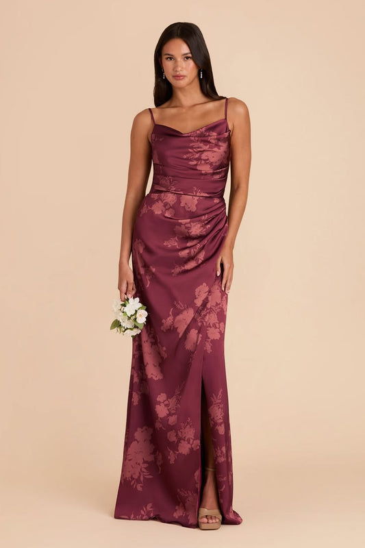 Lydia Sangria Whimsical Blooms Matte Satin Dress | Birdy Grey