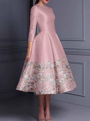 A-Line Tea Length Wedding Guest Dress Mother of the Bride Dress Sleeveless 3/4 Length Sleeve Square Neck Elegant Garden 