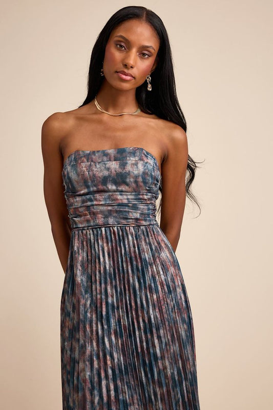 Islya Slate Blue Abstract Pleated Maxi Dress