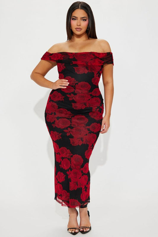 Women's Savannah Roses Mesh Maxi Dress Combo in Red Size Medium