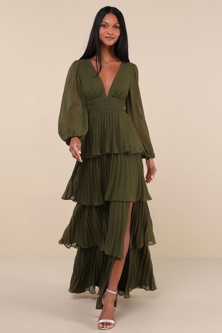 Graceful Finesse Olive Green Pleated Long Sleeve Maxi Dress | Lulus