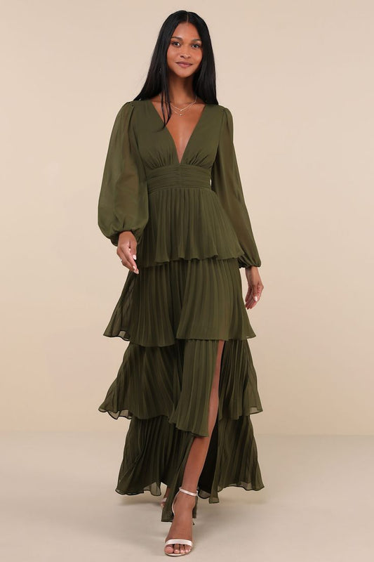 Graceful Finesse Olive Green Pleated Long Sleeve Maxi Dress | Lulus