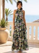 Adelaide Shimmer Floral Tiered Halter Maxi Dress