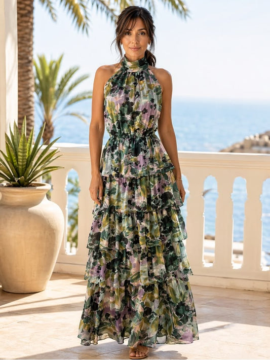 Adelaide Shimmer Floral Tiered Halter Maxi Dress