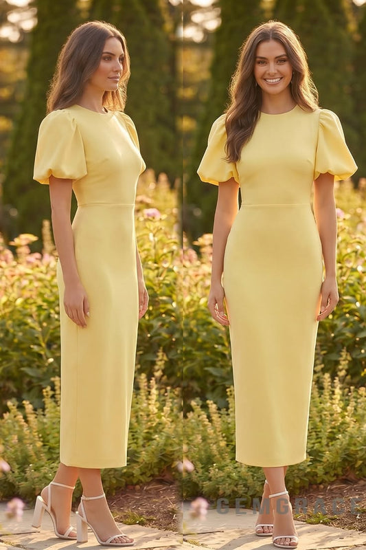 Minimal Puff-Sleeve Fitted Midi Dress for Garden Wedding ID#GA0501 - GemGrace.com