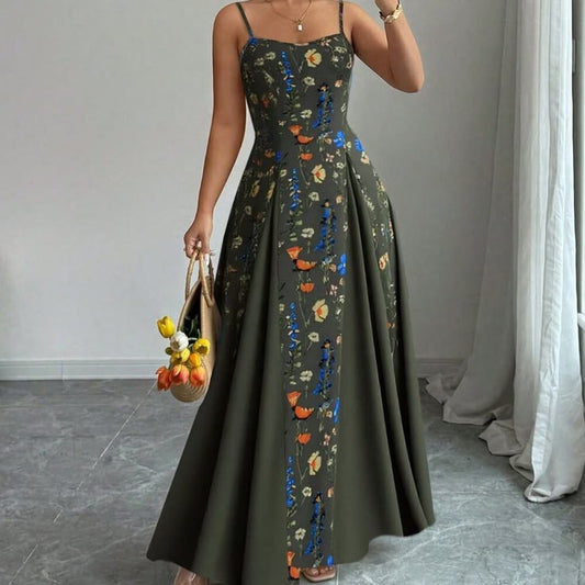 Army Green Boho Women's Elegant Floral Sleeveless Dress | Color: Green | Size: Various