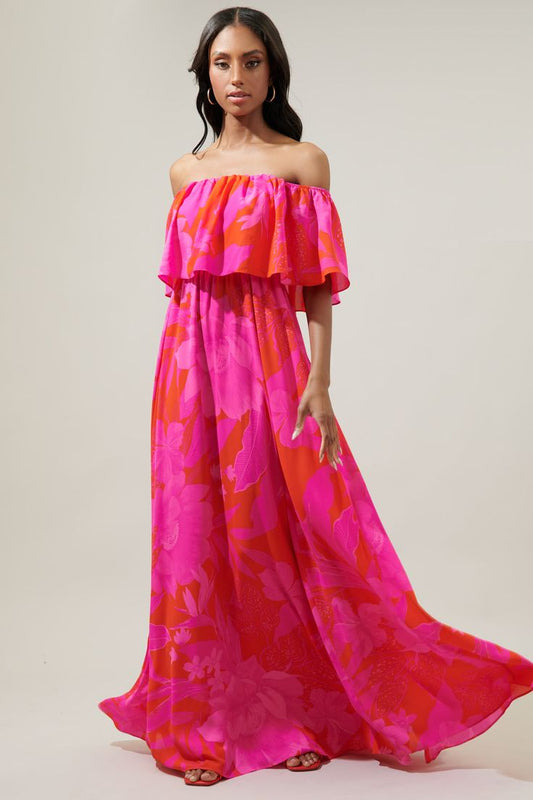 Hana Tropical Off-Shoulder Ruffle Dress