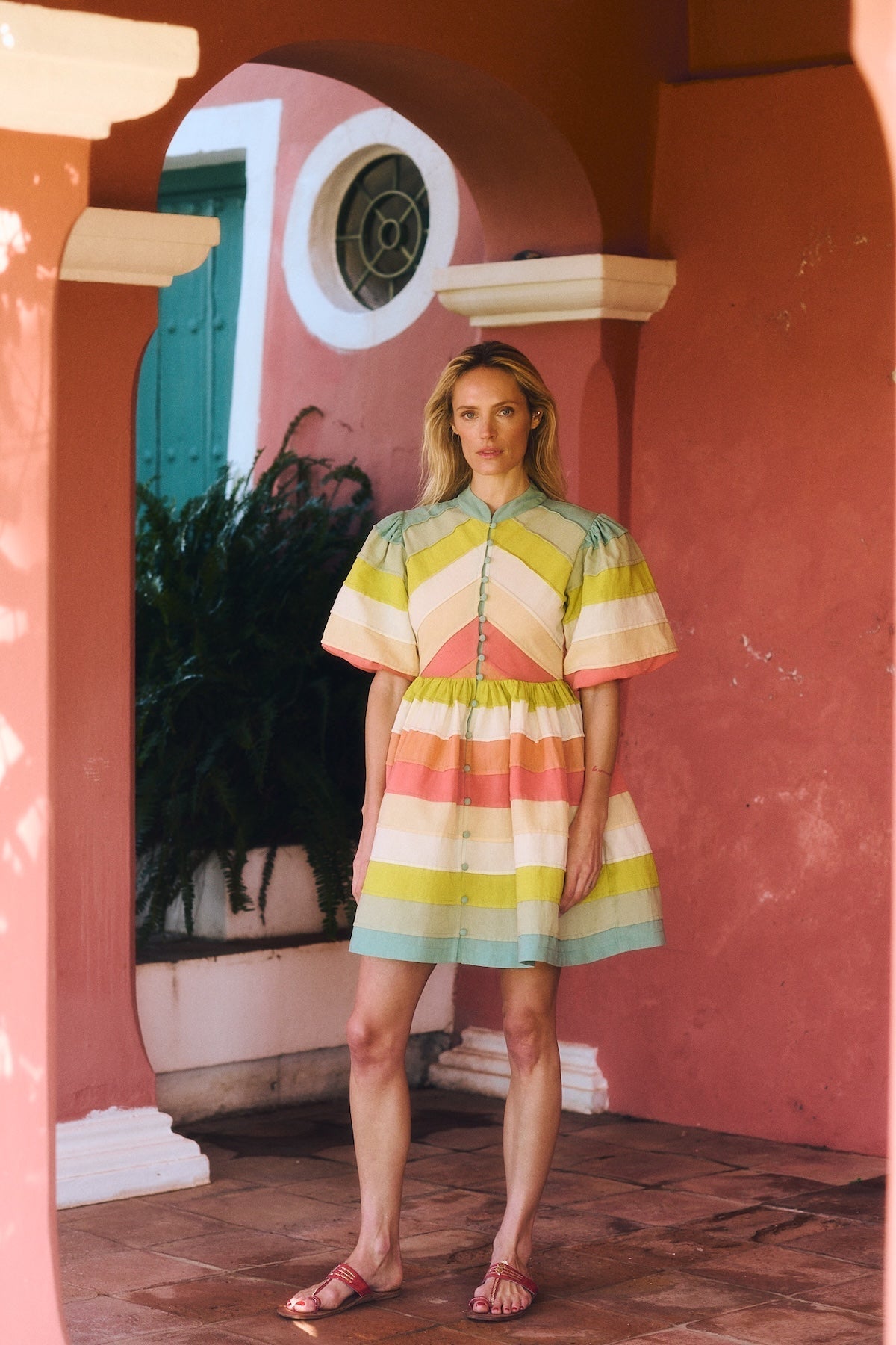 Mint & Coral Daisy Colorblock Linen Dress
