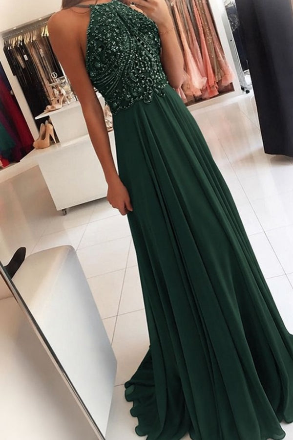 Line Prom Dress with Beadings Adelaide Beaded Chiffon Halter Gown