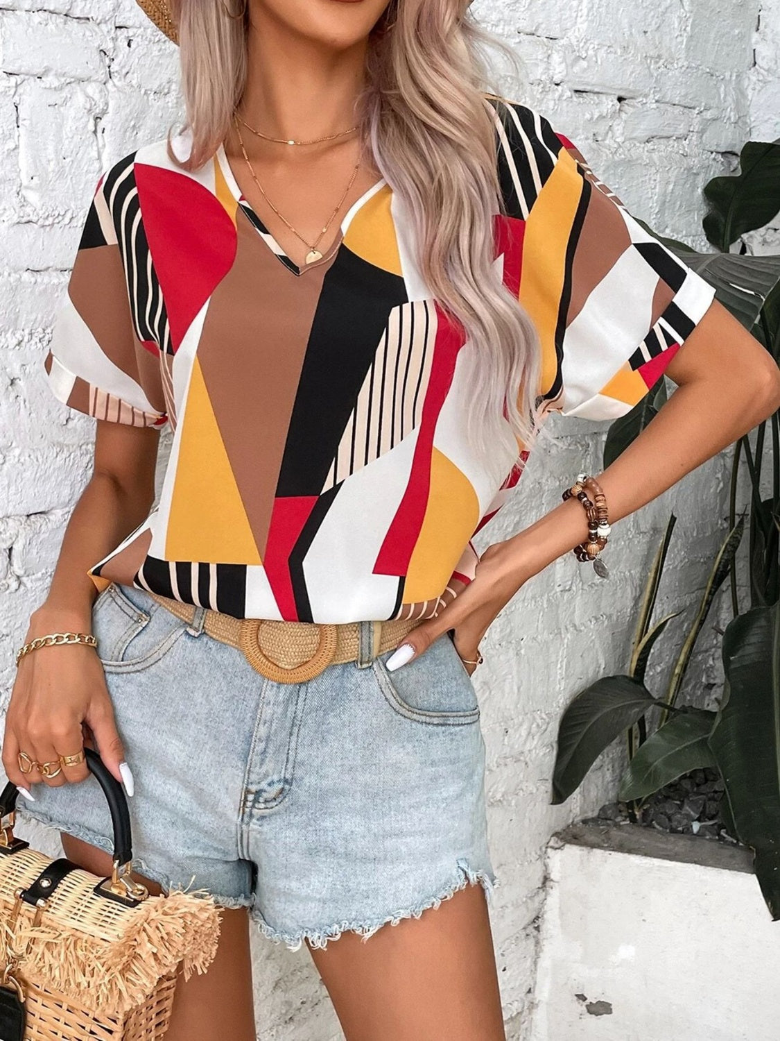 Neck Short Sleeve Blouse Margot Printed V-Neck Tiered Dress