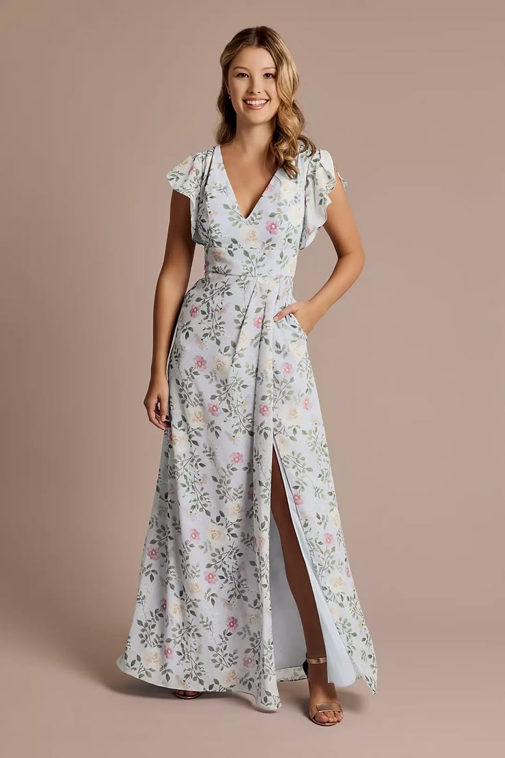 Floral Chiffon Flutter Sleeve V-Neck Dress