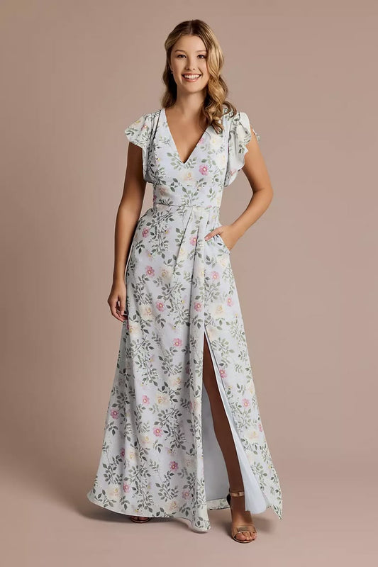 Floral Chiffon Flutter Sleeve V-Neck Dress