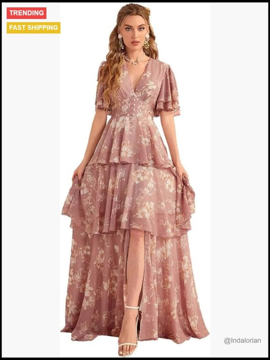 Polyester Bohemian Maxi Dress With V-Neck And Ruffle Sleeves | Color: Pink | Size: Various