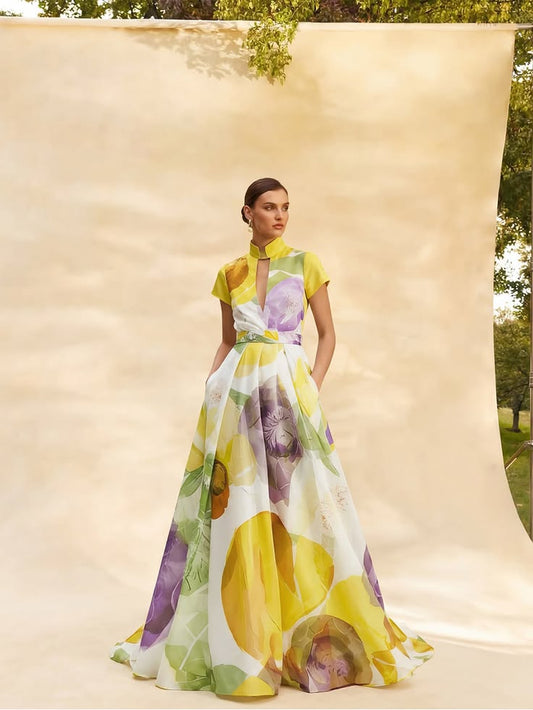 Elegant Stand-collar Floral Print Maxi Dress
