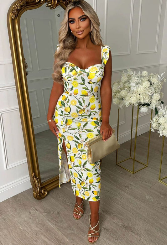 Sunset Beauty Lemon Printed Ruffle Sleeve Leg Split Midi Dress