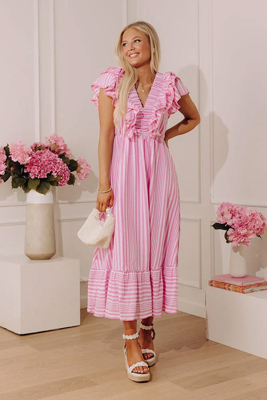 Impressions Online Boutique Stripe Affair Ruffle Midi Dress in Pink - Shop