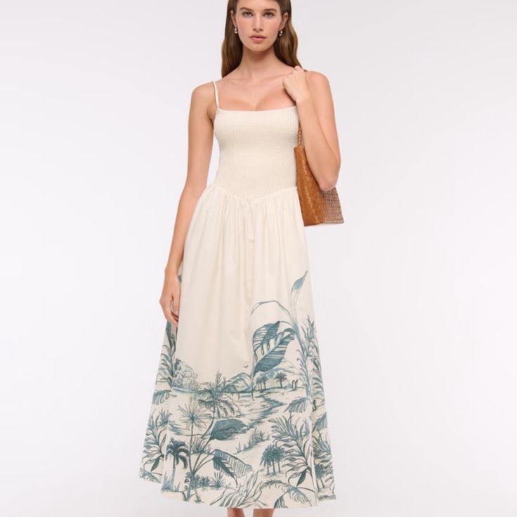 Isabelle Smocked Midi Dress in Cream Tropical