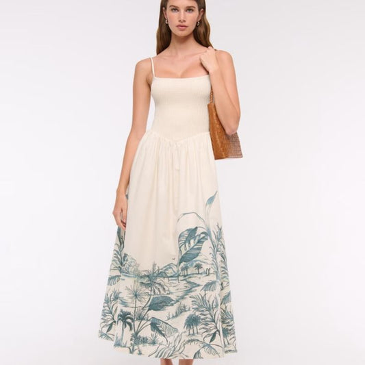 Isabelle Smocked Midi Dress in Cream Tropical