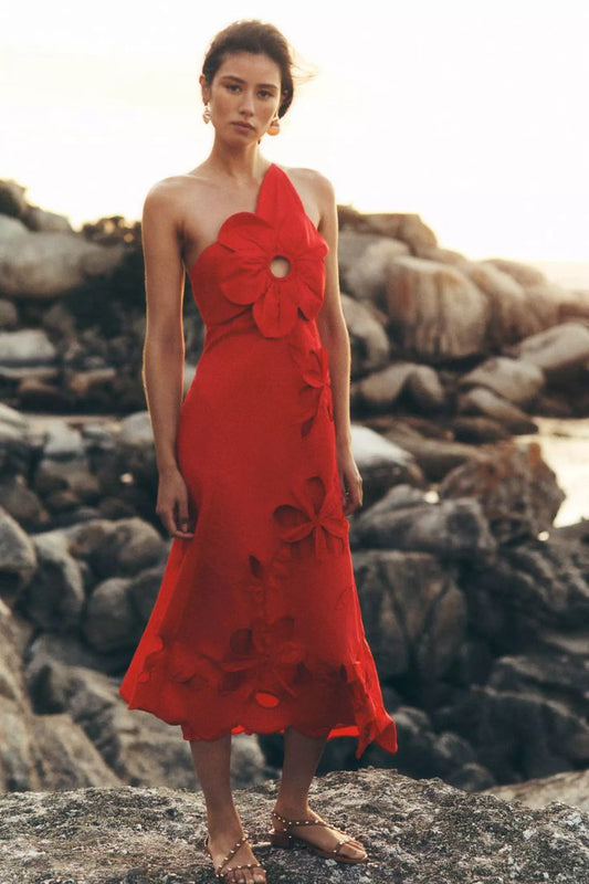 Amara One-Shoulder Cutwork Midi Dress