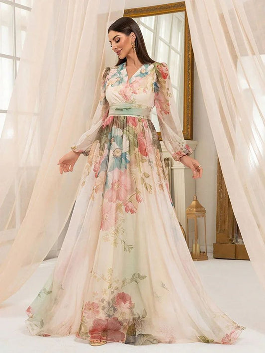 Beautiful Flower Print Maxi Dress - Beige / XL