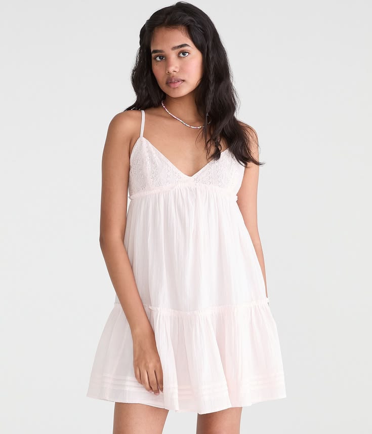 Aeropostale Womens' Solid V-Neck Crocheted Babydoll Mini Dress - Pink - Size S - Cotton