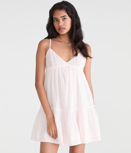 Aeropostale Womens' Solid V-Neck Crocheted Babydoll Mini Dress - Pink - Size S - Cotton