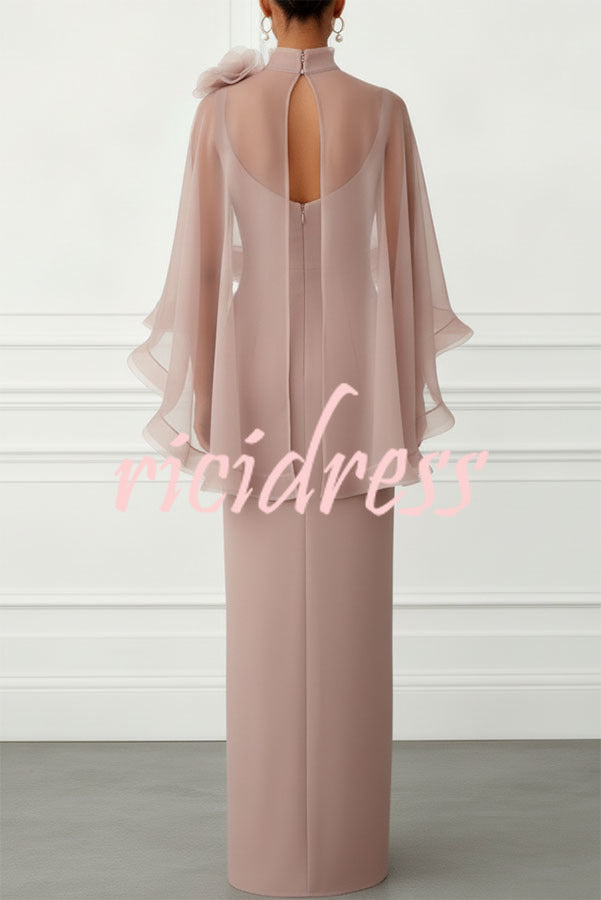 Pink Tallisa 3D Floral Mesh Mock Neck Half Cape Sleeve Gown Maxi Dress
