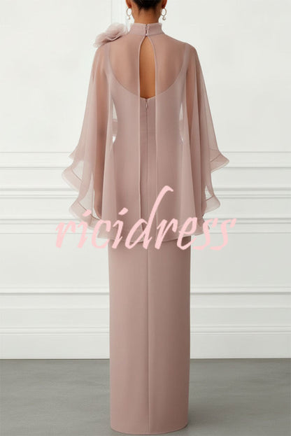 Pink Tallisa 3D Floral Mesh Mock Neck Half Cape Sleeve Gown Maxi Dress