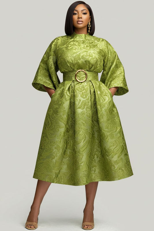 Xpluswear Design Plus Size Wedding Guest Green Round Neck 3/4 Sleeve Pocket Midi Dresses [Pre-Order] Green-XL/14-16