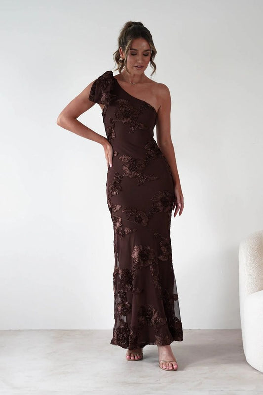 Thelma Floral Textured Maxi Dress Brown | Wedding Guest Dress | Maxi