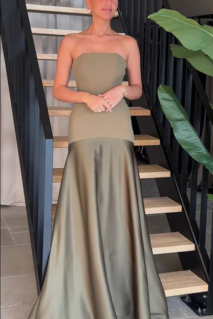 Army Green Vivienne Satin Patchwork Strapless Gown
