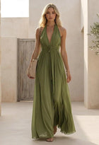 Elegant Halter Maxi Dress Pleated Beach Resort Wear Flowy Summer Vacation Gown