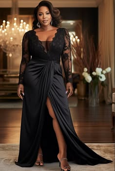 V-Neck Black Mother of the Bride Dress Long Sleeves lace Front Slit Wedding Guest Dress
