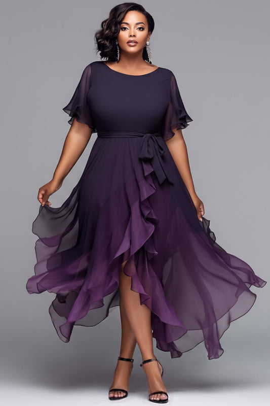 Xpluswear Design Plus Size Cocktail Party Black Gradient Round Neck Short Sleeve Asymmetric Hem Irregular Hem Chiffon Mi