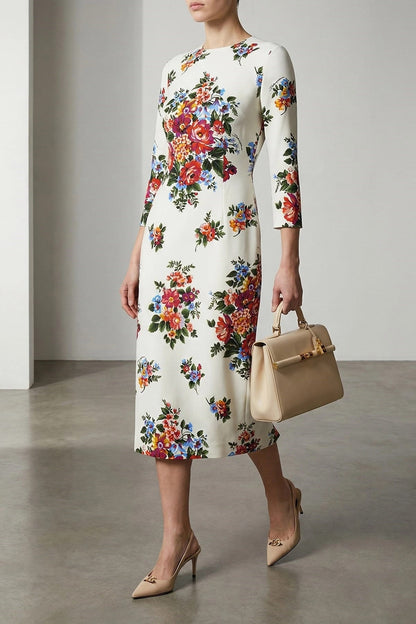 Luciana Floral Silk Dress in Cerulean