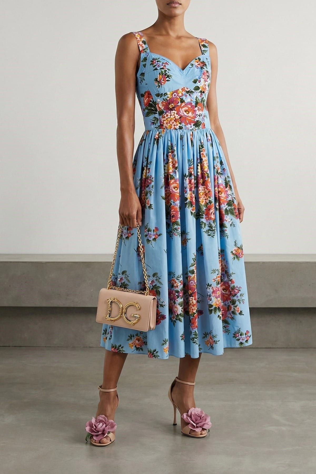 Luciana Floral Silk Dress in Cerulean