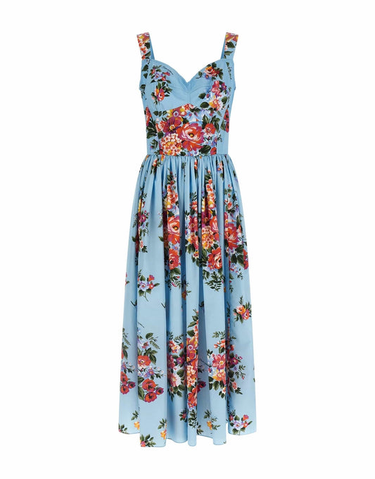 Luciana Floral Silk Dress in Cerulean