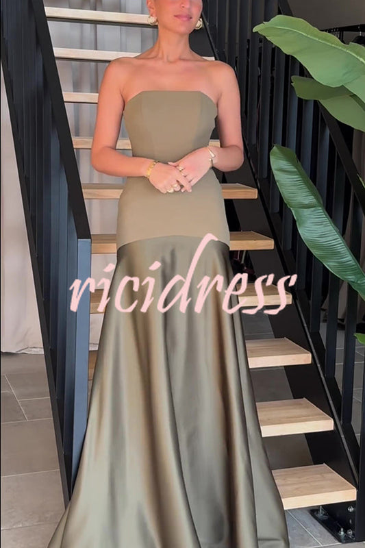 Army Green Vivienne Satin Patchwork Strapless Gown