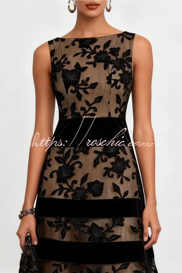 Navy blue Rosmie Flower Mesh Lace Colorblock Boat Neck Sleeveless A-Line Midi Dress
