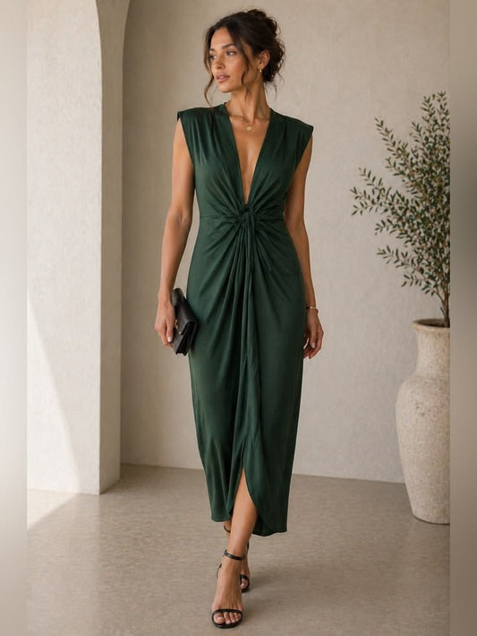 Mica Deep V-Neck Midi Dress in Emerald